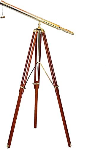 Nautical Floor Standing Brass Telescope With Brown Wooden Tripod Stand