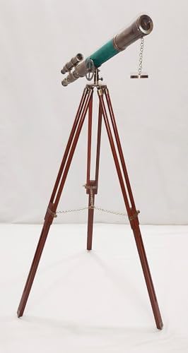 Vintage Brass Telescope with Wooden Base and Green Leather