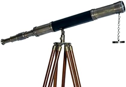 Nautical Floor Standing Antique Solid Brass Telescope with Wooden Tripod