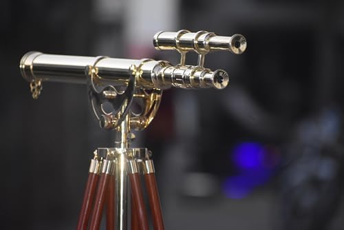 Shiny Brass Double Barrel Telescope with Wooden Tripod Stand