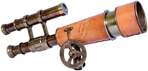 Antique Brass Telescope with Leather and Wood Base