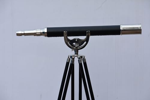Nickel Black Leather Telescope with Vintage Brass and Wooden Stand