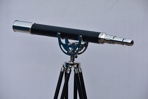 Nickel Black Leather Telescope with Vintage Brass and Wooden Stand