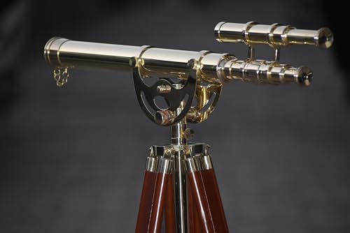 Shiny Brass Double Barrel Telescope with Wooden Tripod Stand