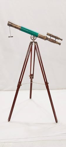 Vintage Brass Telescope with Wooden Base and Green Leather