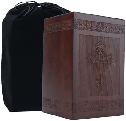 Wooden Carved Cross Cremation Urn with Velvet Bag