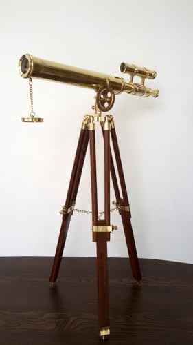 Brass Antique Double Barrel Telescope with Wooden Tripod Stand