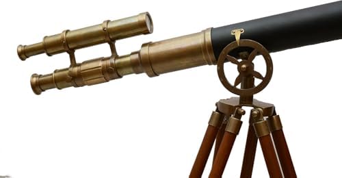 Antique Brass Double Barrel Telescope with Black Leather Tube and Wooden Tripod