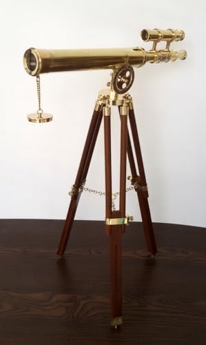 Brass Antique Double Barrel Telescope with Wooden Tripod Stand