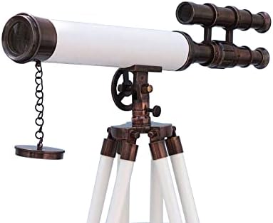 Brass Double Barrel Telescope with Wooden Tripod Stand for Home Decor