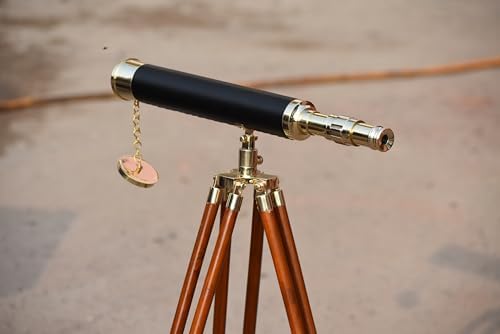 Shiny Brass Telescope with Leather Wrap and Wooden Tripod Stand 18 Inch