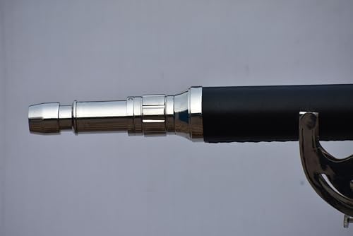 Nickel Black Leather Telescope with Vintage Brass and Wooden Stand