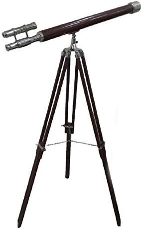 Collectible Nautical Chrome Finish Double Barrel Wooden Telescope Tripod Stand