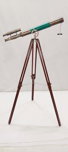 Vintage Brass Telescope with Wooden Base and Green Leather