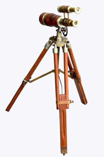 Globle Antique Craft Vintage Brass Binocular Telescope with Wooden Tripod Stand