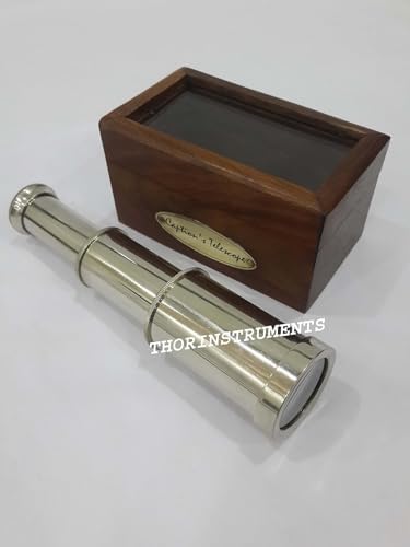 6 Inch Handheld Brass Telescope with Brown Wooden Box