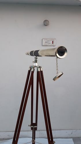 27 Shiny Brass Telescope with Leather and Wooden Tripod Stand