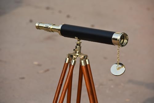 Shiny Brass Telescope with Leather Wrap and Wooden Tripod Stand 18 Inch
