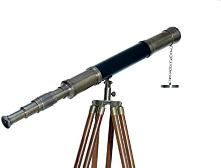 Nautical Floor Standing Antique Solid Brass Telescope with Wooden Tripod
