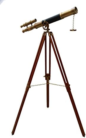 Double Barrel Vintage Nautical Brass Telescope with Wooden Tripod Stand
