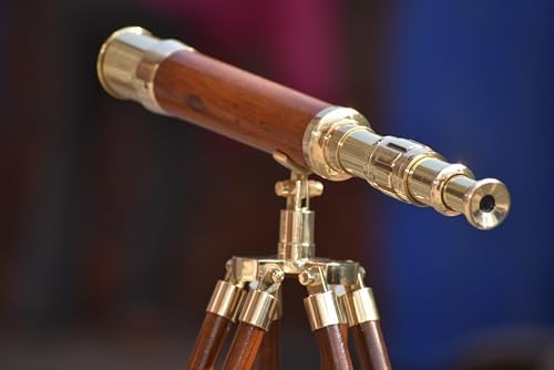 Polished Brass Telescope with Wooden Tripod for Nautical Decor