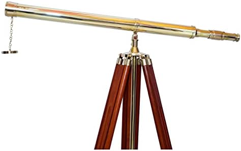 Vintage Solid Brass Nautical Navy Telescope with Brown Tripod