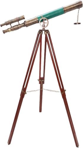 Vintage Brass Telescope with Wooden Base and Green Leather