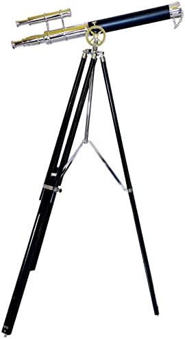 Nautical Brass Nickel Double Barrel Telescope with Black Wooden Tripod