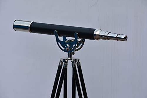 Nickel Black Leather Telescope with Vintage Brass and Wooden Stand