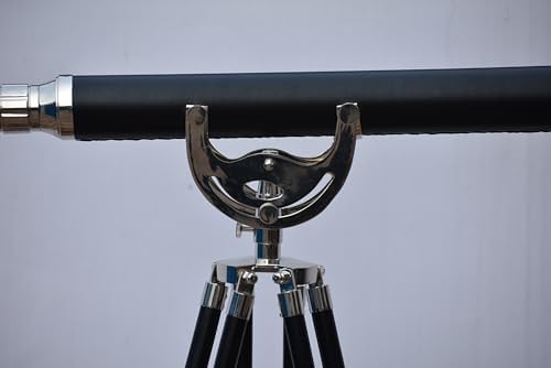 Nickel Black Leather Telescope with Vintage Brass and Wooden Stand