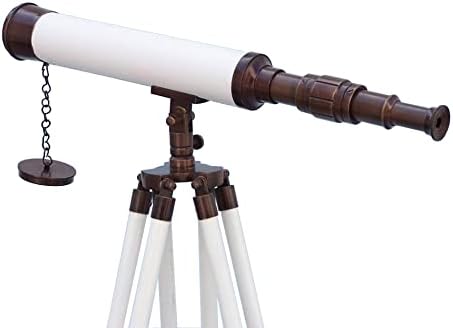 Brass Double Barrel Telescope with Wooden Tripod Stand for Home Decor