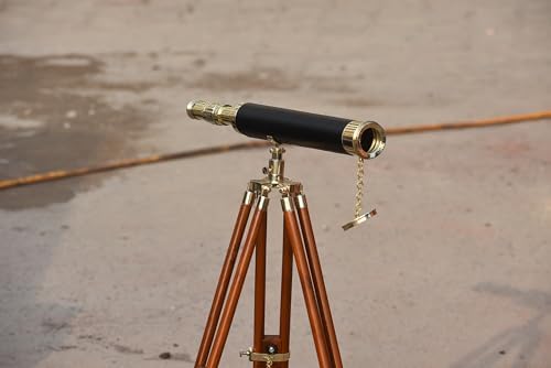 Shiny Brass Telescope with Leather Wrap and Wooden Tripod Stand 18 Inch