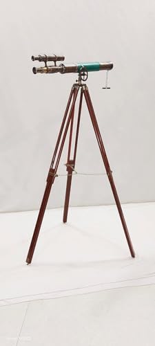 Vintage Brass Telescope with Wooden Base and Green Leather