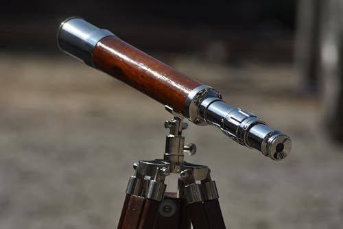 Brass Antique Telescope with Leather Wrap and Wooden Tripod Stand