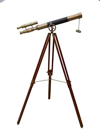 Double Barrel Vintage Nautical Brass Telescope with Wooden Tripod Stand