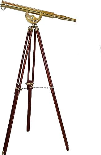 Vintage Handmade Brass Telescope with Wooden Tripod Stand