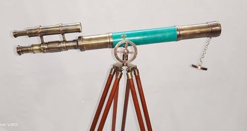 Vintage Brass Telescope with Wooden Base and Green Leather