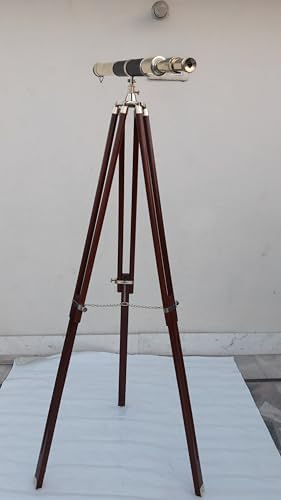 27 Shiny Brass Telescope with Leather and Wooden Tripod Stand