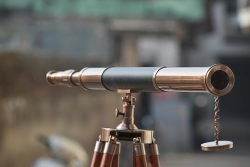 Antique Telescope with Black Leather and Wooden Stand