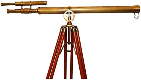 Nautical Antique Brass Double Barrel Telescope with Wooden Tripod