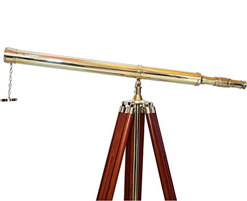 Nautical Floor Standing Brass Telescope With Brown Wooden Tripod Stand