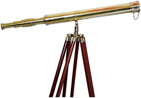 Antiqueex Shiny Brass Telescope with Wooden Tripod Stand