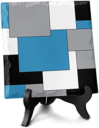 Geometric Blue Gray White Desk Decor Plaque with Stand