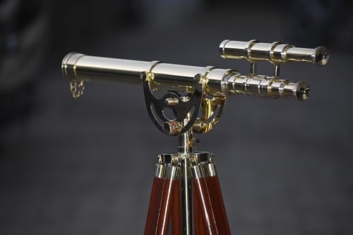Shiny Brass Double Barrel Telescope with Wooden Tripod Stand