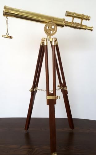Brass Antique Double Barrel Telescope with Wooden Tripod Stand