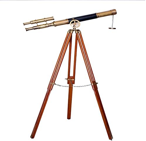 Nautical Brass Telescope with Brown Wooden Tripod