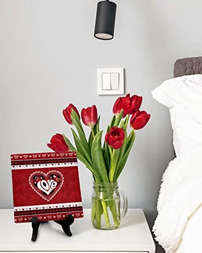 Red Valentine Plaid Desk Decor with Wooden Stand