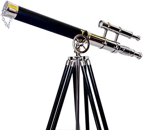 Nautical Brass Nickel Double Barrel Telescope with Black Wooden Tripod