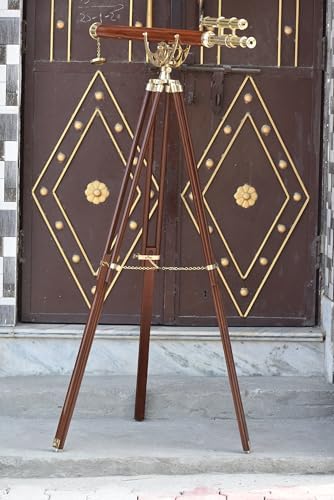 Double Barrel Brass Telescope with Wooden Tripod