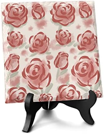 Ceramic Desk Plaque with Wooden Stand Red Rose Design